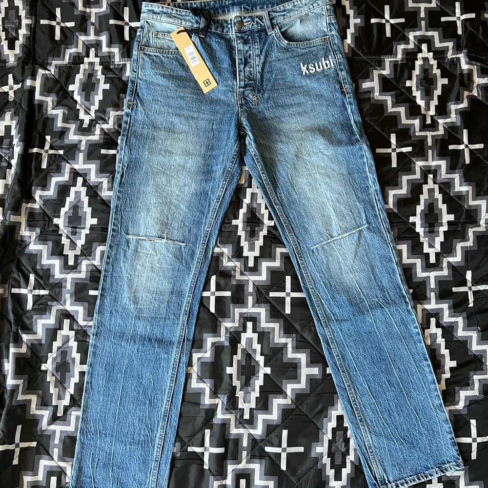Ksubi Blue Straight Jeans with Distressed Details